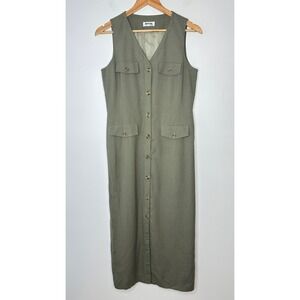 Vintage 80's Depeche Mode Olive Green Button Front Sleeveless Midi Dress Size 4